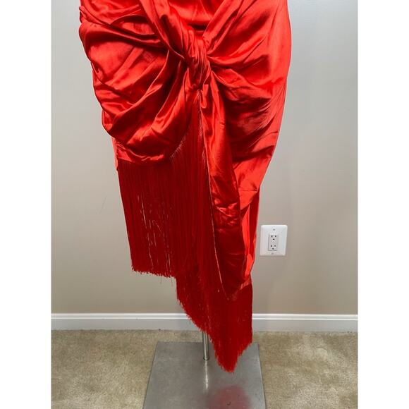 For Love & Lemons Anisa Silk Fringe Ruched Draped Red Midi Dress Size Large - Picture 8 of 12